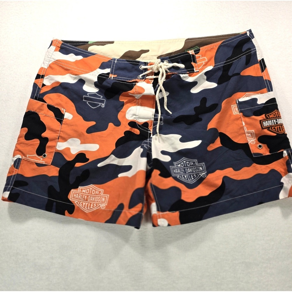 Harley-Davidson Tori Richard Mens Camo Board Shorts Orange Navy Swim Trunks Med